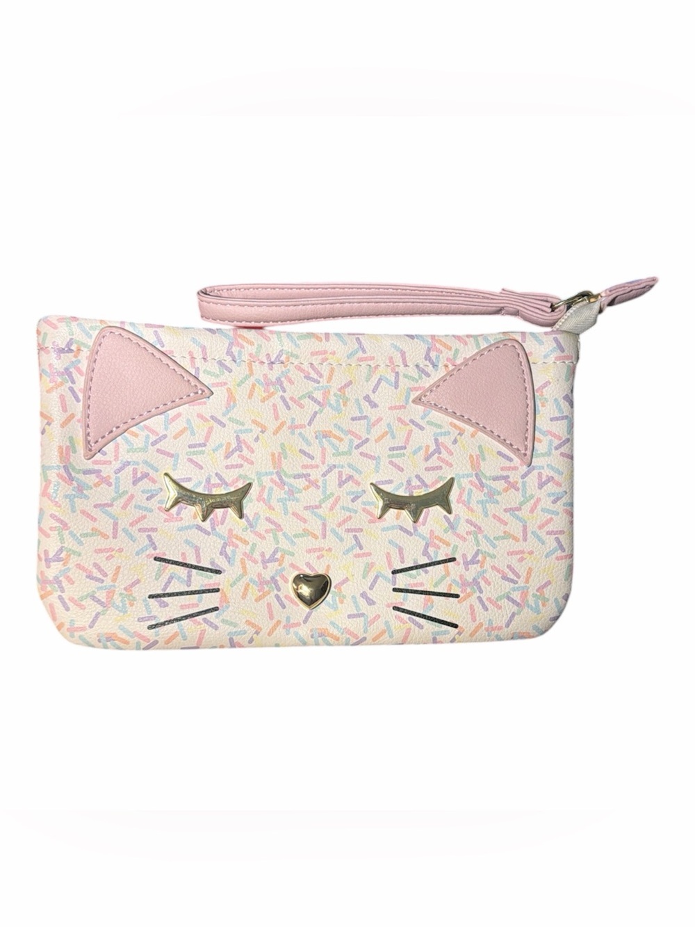 Betsey Johnson Luv Betsey Pastel Sprinkle Cat Wristlet Zipper Clutch Pouch EUC